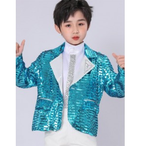 Boys kids turquoise sequins jazz dance Jackets Boy model catwalk host pianist singers blue paillette blazers Schoolboy perform coats for Children